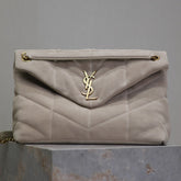 YSL 25S LOULOU PUFFER GM 35 IN SMOKEY TAUPE SUEDE GOLD HARDWARE