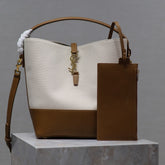YSL 25S LE 5 À 7 BUCKET 26 IN CREAM BROWN CALFSKIN AND CANVAS GOLD HARDWARE