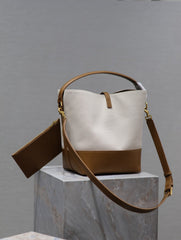 YSL 25S LE 5 À 7 BUCKET 26 IN CREAM BROWN CALFSKIN AND CANVAS GOLD HARDWRE