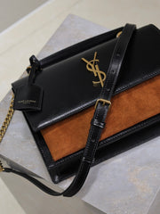 YSL 25S SUNSET MM 25 IN BLACK CALFSKIN AND CARAMEL SUEDE GOLD HARDWARE