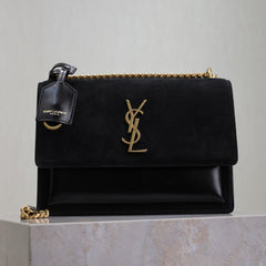 YSL 25S SUNSET BAG 22 IN BLACK CALFSKIN AND SUEDE GOLD HARDWARE