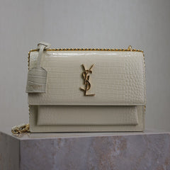 YSL 25S SUNSET MEDIUM 22 IN IVORY CROCODILE-EMBOSSED SHINY CALFSKIN GOLD HARDWARE