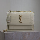 YSL 25S SUNSET MEDIUM 22 IN IVORY CROCODILE-EMBOSSED SHINY CALFSKIN GOLD HARDWRE