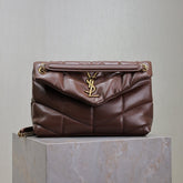 YSL 25S LOULOU PUFFER MM 29 IN DARK BROWN CALFSKIN GOLD HARDWRE