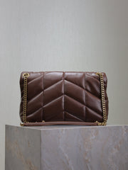 YSL 25S LOULOU PUFFER MM 29 IN DARK BROWN CALFSKIN GOLD HARDWRE