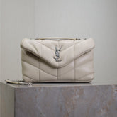 YSL 25S LOULOU PUFFER MINI 23 IN SMOKEY TAUPE CALFSKIN SILVER HARDWARE