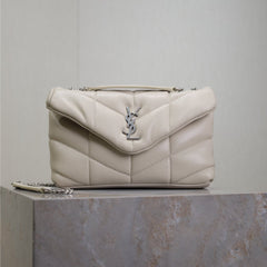 YSL 25S LOULOU PUFFER MINI 23 IN SMOKEY TAUPE CALFSKIN SILVER HARDWARE