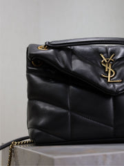 YSL 25S LOULOU PUFFER MM 29 IN BLACK CALFSKIN GOLD HARDWRE