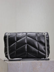 YSL 25S LOULOU PUFFER MM 29 IN BLACK CALFSKIN SILVER HARDWRE