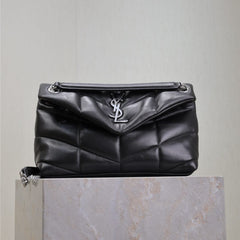 YSL 25S LOULOU PUFFER MM 29 IN BLACK CALFSKIN SILVER HARDWARE