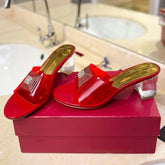 HIGH MULE 60MM IN CHERRY RED SHEEPSKIN AND TRANSPARENT PVC