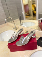 HIGH MULE 60MM IN SILVER SHEEPSKIN AND TRANSPARENT PVC