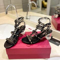 ROCKSTUD SANDAL WITH STRAP IN BLACK CALFSKIN 60 MM