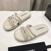 WOVEN STRAP SLIPPERS IN WHITE LAMBSKIN