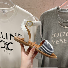 LYMPIA SANDAL IN TRIOMPHE MACCRAMÉ COTTON & CALFSKIN OFF WHITE / NAVY