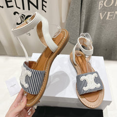 LYMPIA SANDAL IN TRIOMPHE MACCRAMÉ COTTON & CALFSKIN OFF WHITE / NAVY