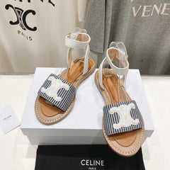 LYMPIA SANDAL IN TRIOMPHE MACCRAMÉ COTTON & CALFSKIN OFF WHITE / NAVY