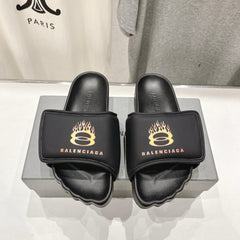 SLIDE SANDALS IN BLACK NYLON AND RUBBER YELLOW PRINT