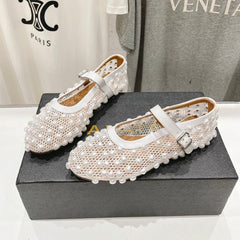 ALAIA PEARL MARY JANE SHOES IN WHITE MESH AND CALFSKIN