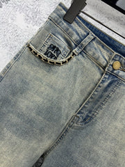 Joewe 25 Chain-decorated Jeans Blue Cotton Fabric