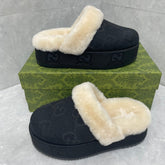 GG MULE IN BLACK MONOGRAM JACQUARD FABRIC AND RABBIT FUR LINING