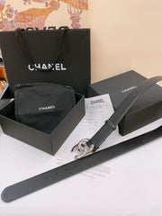 DOUBLE C BELT 40MM IN BLACK CALFSKIN SILVER BUCKLE EMBOSSED WHITE LOGO