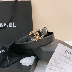 DOUBLE C BELT 30MM IN BLACK CALFSKIN GOLD BUCKLE EMBOSSED LOGO