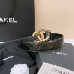 DOUBLE C BELT 40MM IN BLACK QUILTED LAMBSKIN GOLD BUCKLE EMBOSSED LOGO