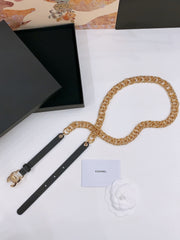 TWISTED GOLD CHAIN BELT IN GOLD METAL BLACK CALFSKIN GOLD BUCKLE