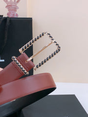 BELT 30MM IN BLACK AND RED CALFSKIN WITH INTERWOVEN GOLD CHAIN BUCKLE