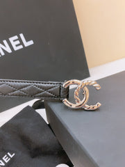 DOUBLE C BELT 20MM IN BLACK CALFSKIN WITH QUILTED STITCHING AND SPIRAL SILVER BUCKLE