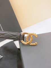 DOUBLE C BELT 20MM IN BLACK CALFSKIN WITH QUILTED STITCHING AND SPIRAL GOLD BUCKLE