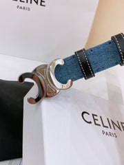 CELINE 25S BELT TRIOMPHE TAURILLON 25MM IN BLACK CALFSKIN AND DENIM 558344