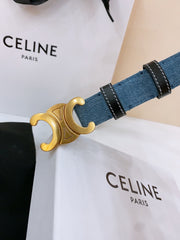 CELINE 25S BELT TRIOMPHE TAURILLON 25MM IN BLACK CALFSKIN AND DENIM 558349