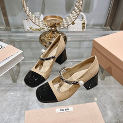 MARY JANE SANDAL CAP TOE DARK CREAM SHEEPSKIN - HIGH HEEL