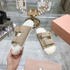 SANDAL SLIDES IN BEIGE SUEDE AND SHEARLING LINING