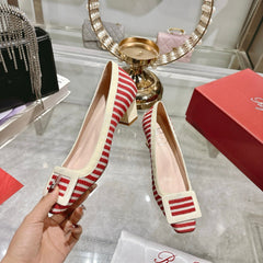 ROGER VIVIER 25S TROMPETTE BALLERINAS 45MM IN RED PLAID PATTERN CANVAS