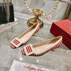 ROGER VIVIER 25S TROMPETTE BALLERINAS 45MM IN RED PLAID PATTERN CANVAS