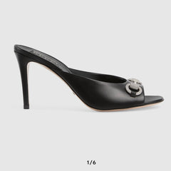 GG Women's Horsebit mid-heel slide sandal in Black