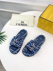 FENDI FLAT SLIPPER IN NAVY BLUE MONOGRAM JACQUARD FABRIC WITH GOLD HARDWARE