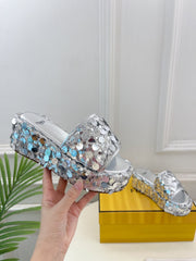 FENDI THICK SOLE 6 CM SEQUIN SLIPPER SILVER