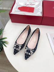 EFFLORESCENCE BALLERINAS IN BLACK TWEED WITH FINE WHITE STRIPES EMBELLISHED CRYSTALS