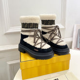 FENDI BOOTS 50MM IN BLACK AND BEIGE SHEARLING AND SUEDE