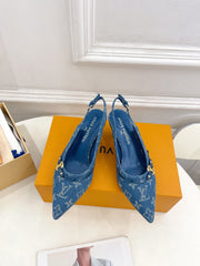 HIGH SLINGBACKS 5 CM IN CLASSIC BLUE MONOGRAM DENIM FABRIC