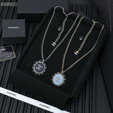 25P OVAL NECKLACE IN BLUE DENIM BLACK LEATHER-THREADED CHAIN