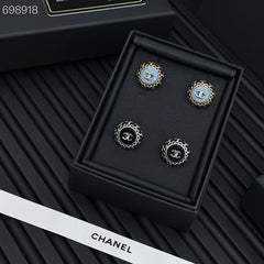 CC 25P STUD EARRINGS IN BLUE DENIM BLACK CALFSKIN-THREADED BUTTON