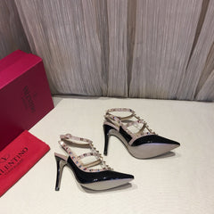 ROCKSTUD CAGED HIGH PUMP IN BLACK MIX LIGHT PINK PATENT CALFSKIN 100 MM