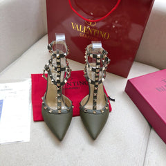 ROCKSTUD MOSS GREEN METALLIC CALFSKIN ANKLE STRAP HIGH SANDAL