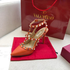 ROCKSTUD FIRE ORANGE METALLIC CALFSKIN ANKLE STRAP HIGH SANDAL