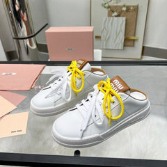 SNEAKER MULES IN WHITE MIX BROWN CALFSKIN WHITE YELLOW LACES